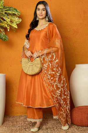 Orange Silk Blend Solid Embroidered Flared Anarkali Suit Set
