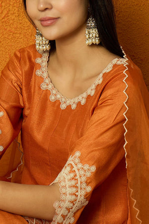 Orange Silk Blend Solid Embroidered Flared Anarkali Suit Set