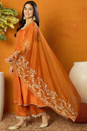 Orange Silk Blend Solid Embroidered Flared Anarkali Suit Set