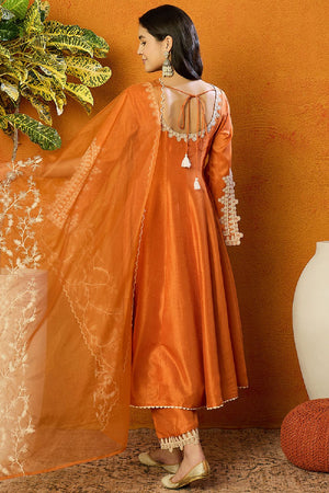 Orange Silk Blend Solid Embroidered Flared Anarkali Suit Set