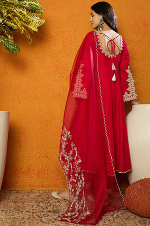 Fuchsia Silk Blend Solid Embroidered Flared Anarkali Suit Set