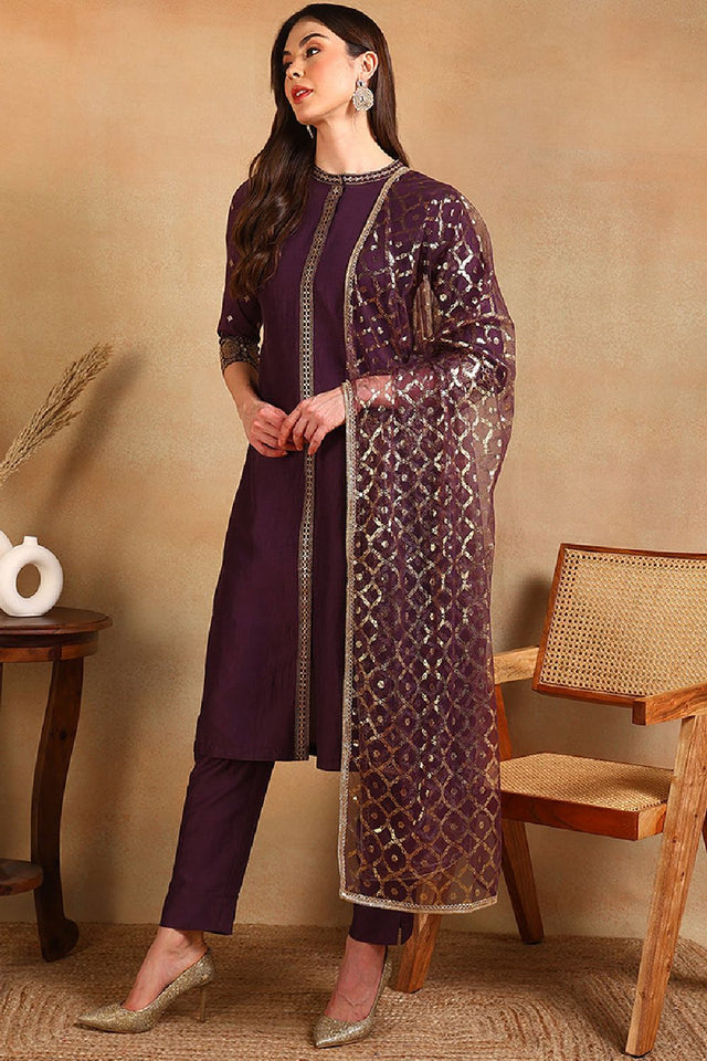 Purple Silk Blend Embroidered Straight Cut Suit Set