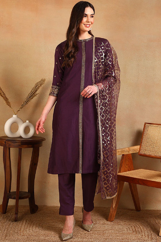 Purple Silk Blend Embroidered Straight Cut Suit Set