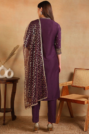 Purple Silk Blend Embroidered Straight Cut Suit Set