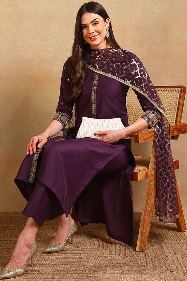 Purple Silk Blend Embroidered Straight Cut Suit Set