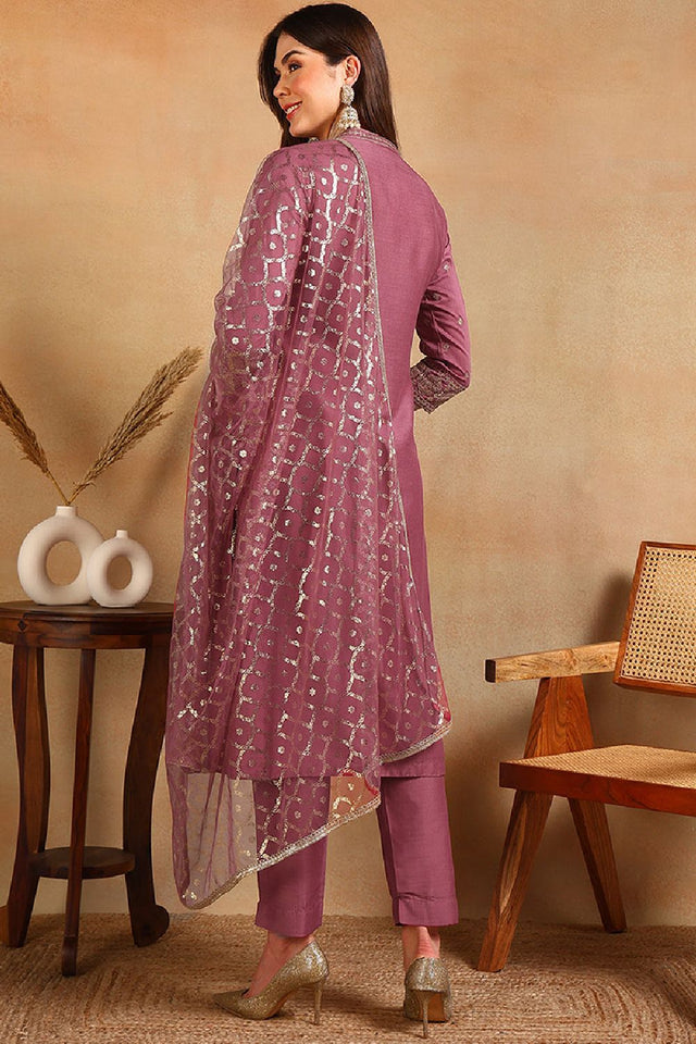 Pink Silk Blend Embroidered Straight Cut Suit Set