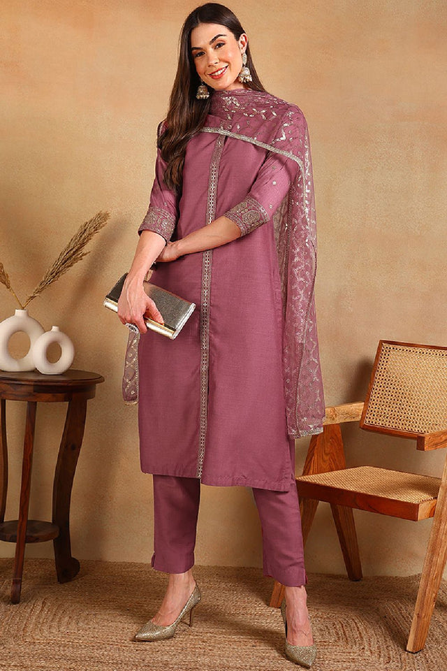Pink Silk Blend Embroidered Straight Cut Suit Set
