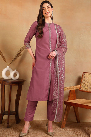 Pink Silk Blend Embroidered Straight Cut Suit Set