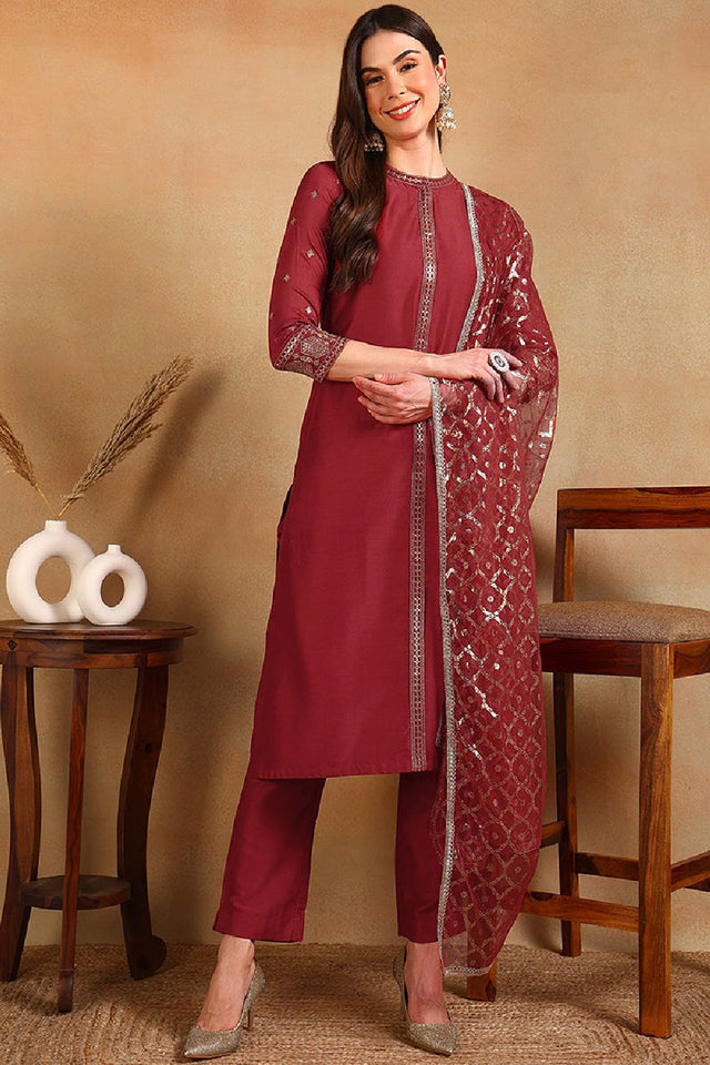 Red Silk Blend Embroidered Straight Cut Suit Set