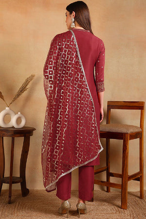 Red Silk Blend Embroidered Straight Cut Suit Set