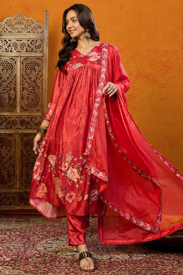 Red Silk Blend Floral Printed A Line Anarkali Suit Set