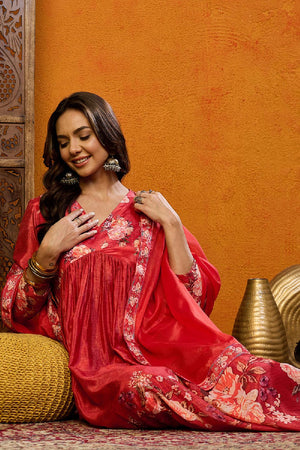 Red Silk Blend Floral Printed A Line Anarkali Suit Set
