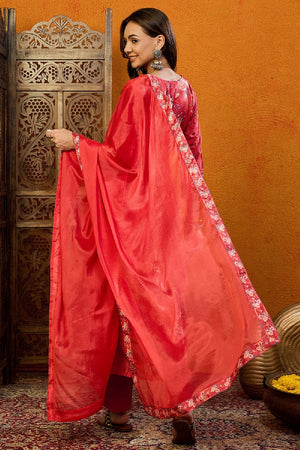 Red Silk Blend Floral Printed A Line Anarkali Suit Set