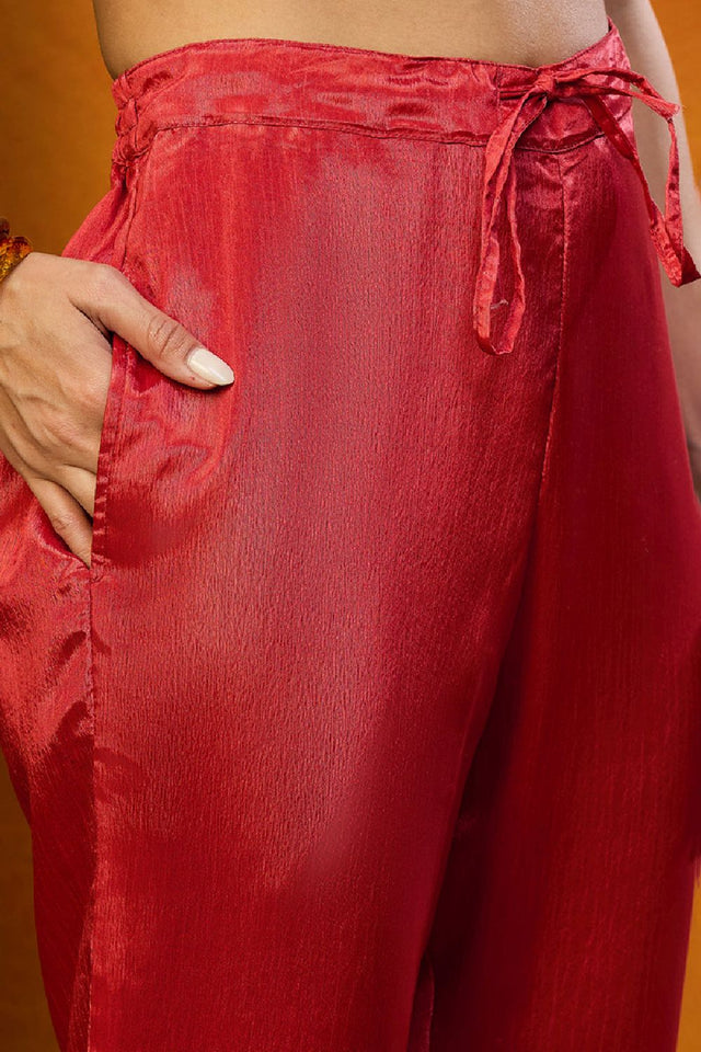 Red Silk Blend Floral Printed A Line Anarkali Suit Set