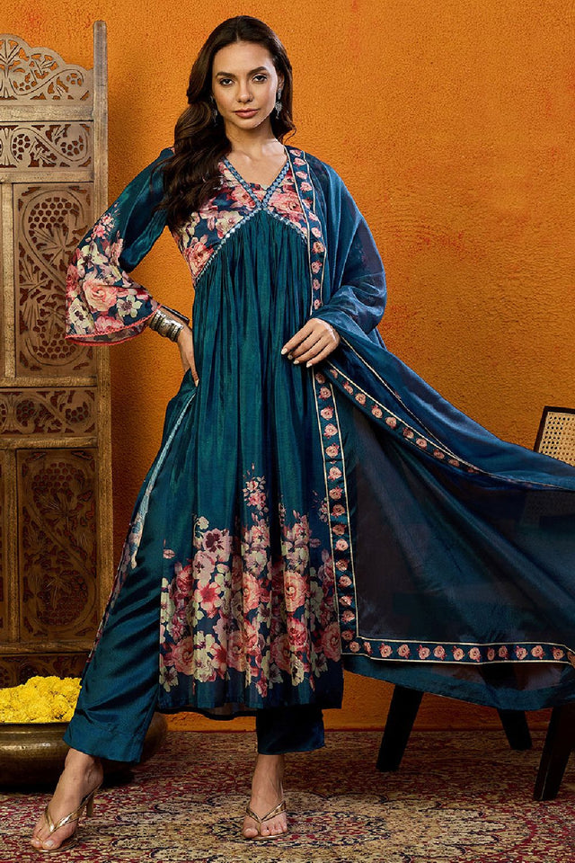 Blue Silk Blend Floral Printed A Line Anarkali Suit Set