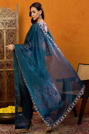 Blue Silk Blend Floral Printed A Line Anarkali Suit Set