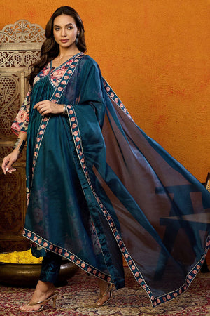 Blue Silk Blend Floral Printed A Line Anarkali Suit Set