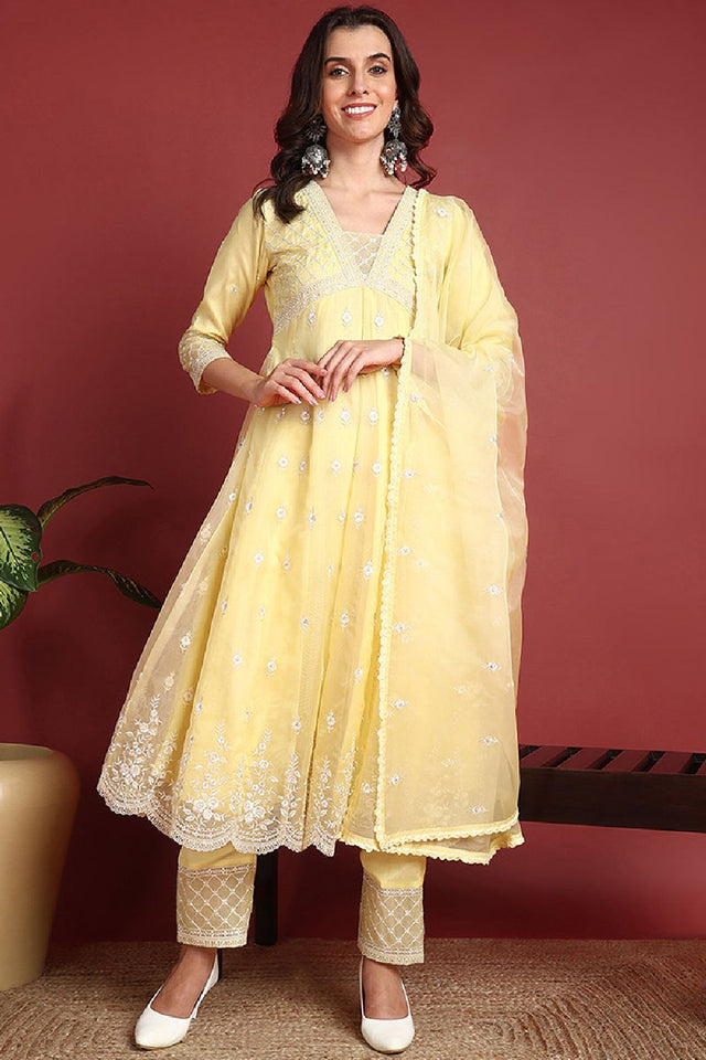 Yellow Organza Solid Embroidered Anarkali Suit Set