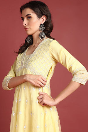 Yellow Organza Solid Embroidered Anarkali Suit Set