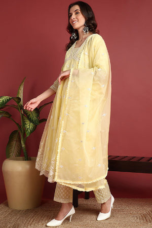 Yellow Organza Solid Embroidered Anarkali Suit Set