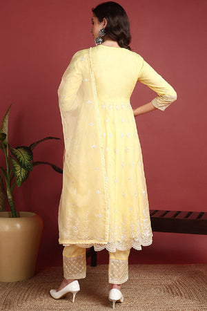 Yellow Organza Solid Embroidered Anarkali Suit Set