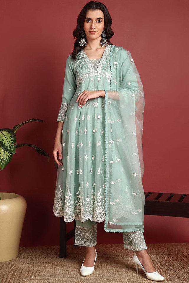 Sea Green Organza Solid Embroidered Anarkali Suit Set