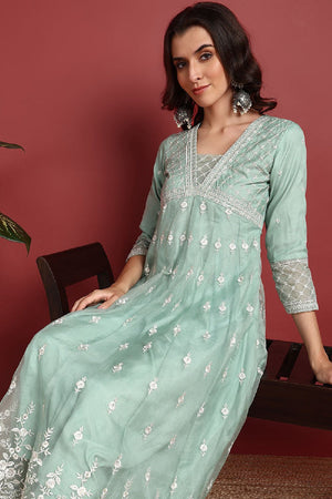Sea Green Organza Solid Embroidered Anarkali Suit Set