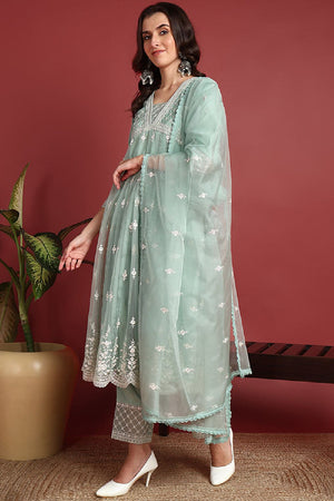 Sea Green Organza Solid Embroidered Anarkali Suit Set