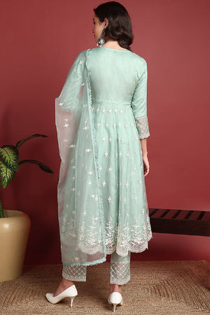 Sea Green Organza Solid Embroidered Anarkali Suit Set