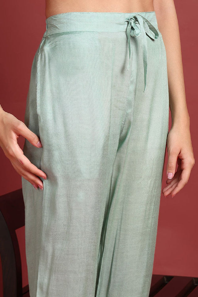 Sea Green Organza Solid Embroidered Anarkali Suit Set