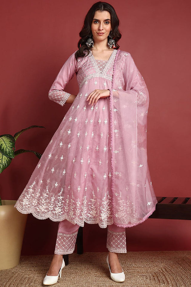 Pink Organza Solid Embroidered Anarkali Suit Set