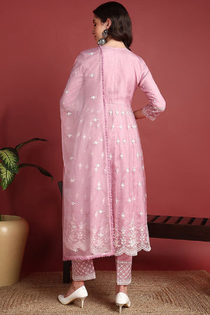 Pink Organza Solid Embroidered Anarkali Suit Set