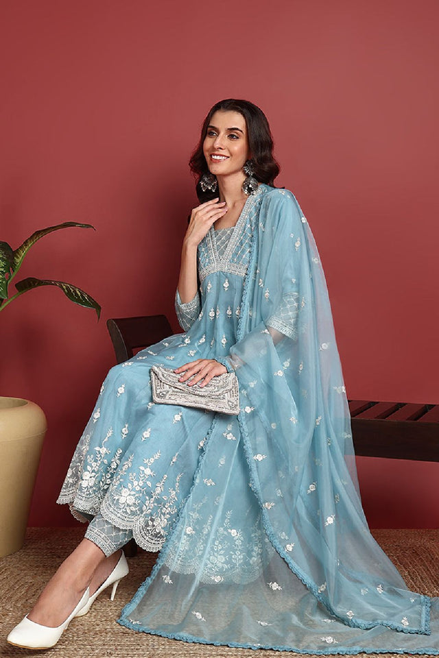 Blue Organza Solid Embroidered Anarkali Suit Set