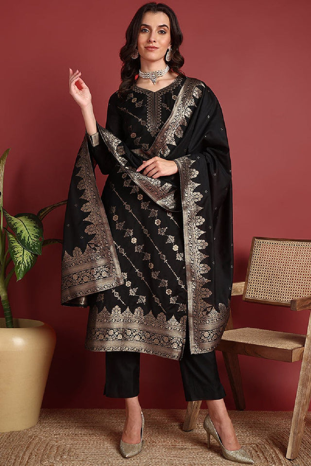 Black Silk Blend Ethnic Motifs Woven Design Straight Cut Suit Set