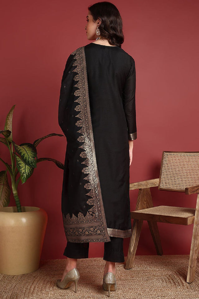 Black Silk Blend Ethnic Motifs Woven Design Straight Cut Suit Set