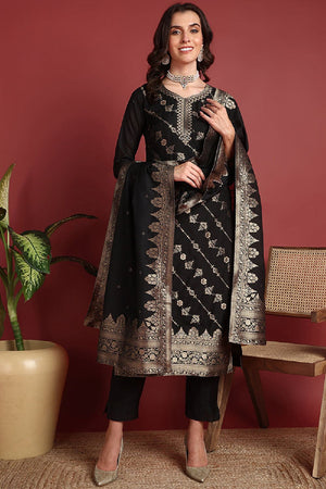 Black Silk Blend Ethnic Motifs Woven Design Straight Cut Suit Set