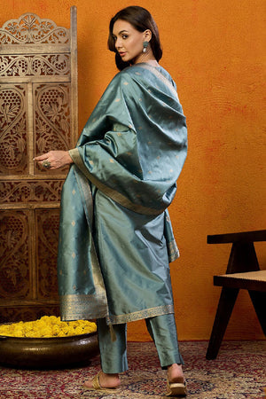 Teal Silk Blend Ethnic Motifs Woven Design Straight Cut Suit Set