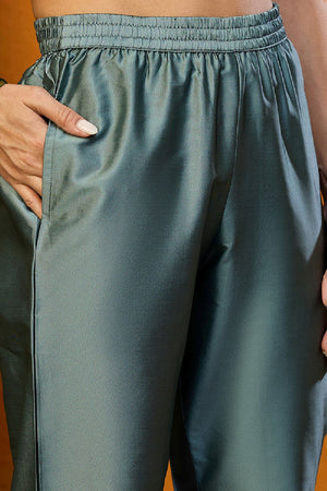 Teal Silk Blend Ethnic Motifs Woven Design Straight Cut Suit Set