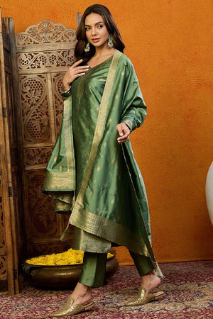 Green Silk Blend Ethnic Motifs Woven Design Straight Cut Suit Set