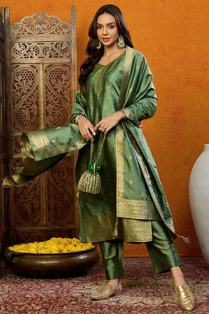Green Silk Blend Ethnic Motifs Woven Design Straight Cut Suit Set