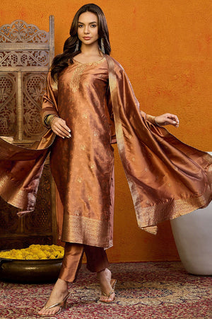Brown Silk Blend Ethnic Motifs Woven Design Straight Cut Suit Set