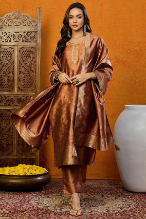 Brown Silk Blend Ethnic Motifs Woven Design Straight Cut Suit Set