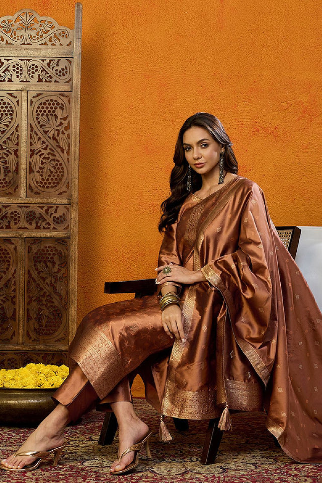 Brown Silk Blend Ethnic Motifs Woven Design Straight Cut Suit Set