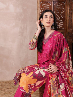 Pink Silk Blend Floral Printed Straight Kurti Pant With Dupatta