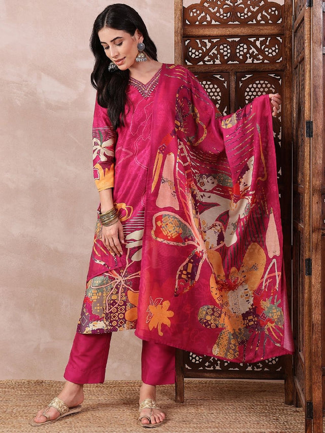 Pink Silk Blend Floral Printed Straight Kurti Pant With Dupatta