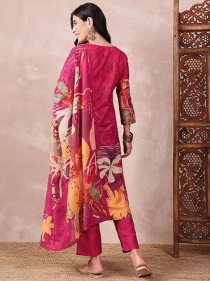 Pink Silk Blend Floral Printed Straight Kurti Pant With Dupatta