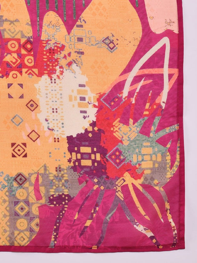 Pink Silk Blend Floral Printed Straight Kurti Pant With Dupatta