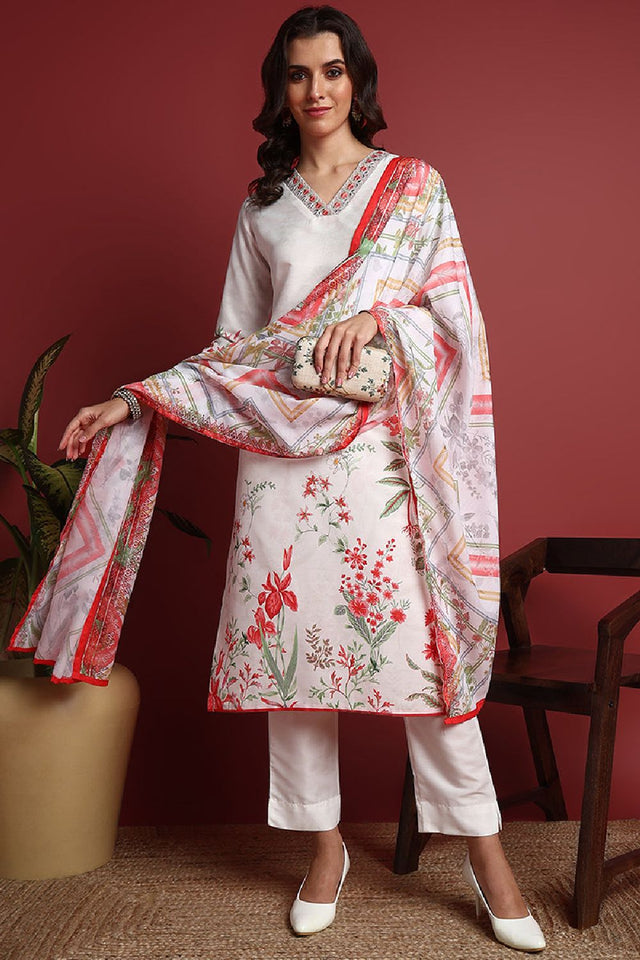 White Cotton Blend Floral Printed Straight Cut Suit Set