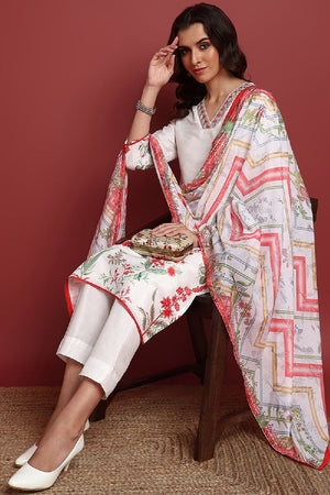 White Cotton Blend Floral Printed Straight Cut Suit Set