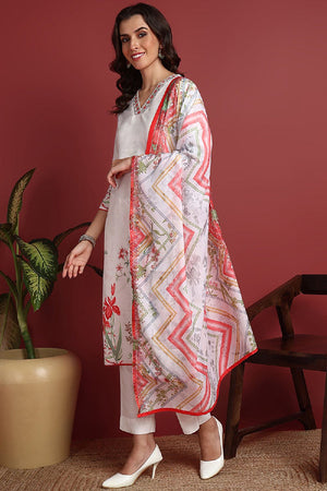 White Cotton Blend Floral Printed Straight Cut Suit Set